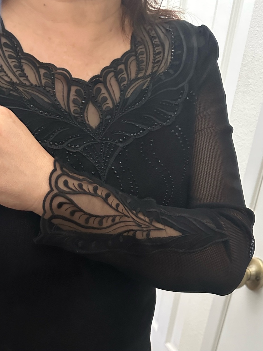 Black Long Sleeve Double Layered Mesh Top with Jewel Embellished Sheer Lace Sz M